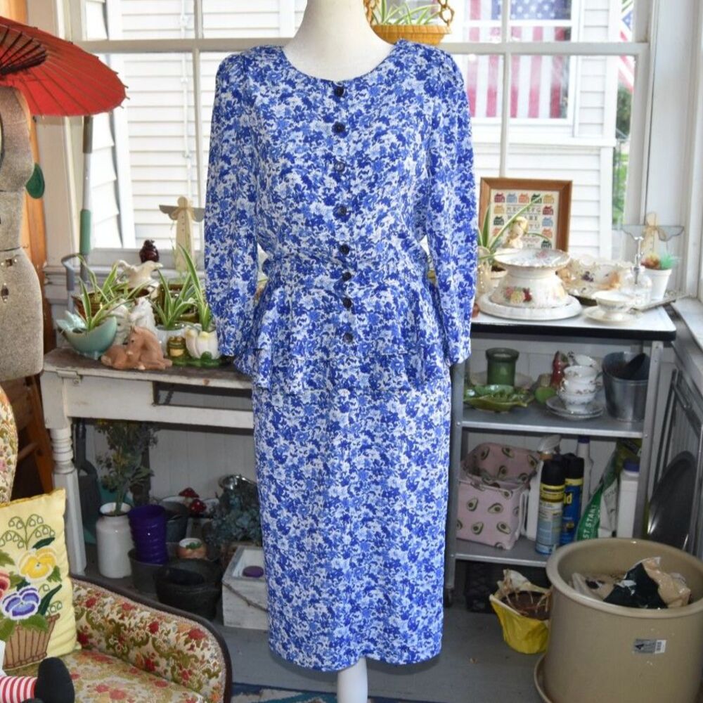 Vintage 90s Stuart Alan Petites Blue Floral Peplum Dress Sz S USA